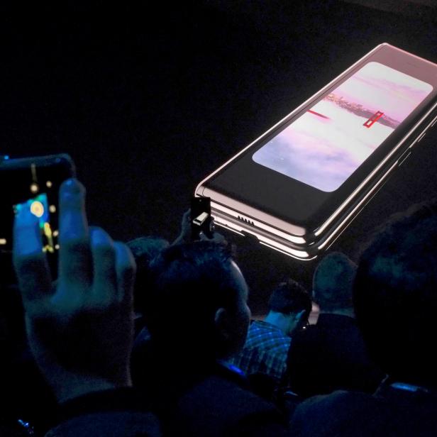 FILE PHOTO: The Samsung Galaxy Fold phone is shown on a screen at Samsung Electronics' Unpacked event in San Francisco