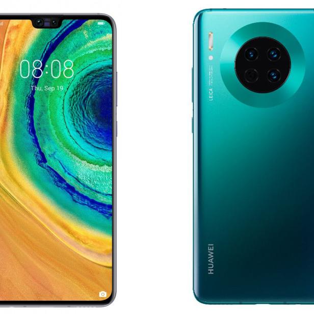Das Huawei Mate 30 Pro von vorne und hinten vor einem weißen Hintergrund.