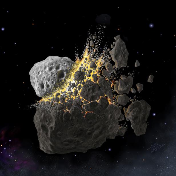 This illustration shows a giant asteroid collision between Mars and Jupiter that occurred 466 million years ago and produced the dust that led to an ice age on Earth