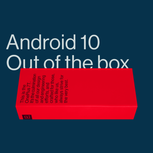 Eine rote Verpackung des OnePlus 7T vor dem Hintergrund „Android 10 Out of the box“.