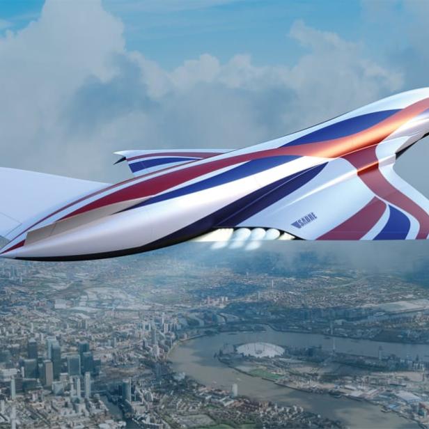 Ein Überschallflugzeug mit Lackierung in den Farben der britischen Flagge überfliegt London.