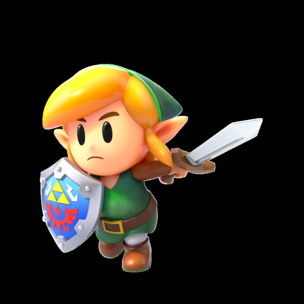 Link, eine Videospielfigur mit Schwert und Schild, in einer entschlossenen Pose.