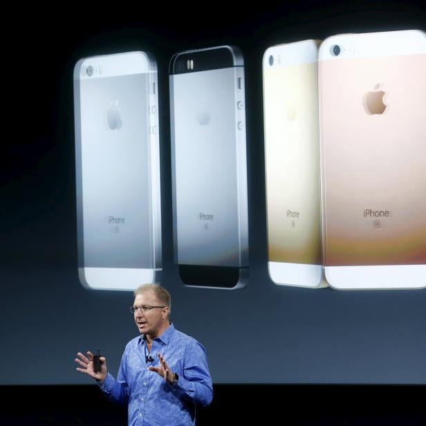File photo of Apple Vice President Joswiak introducing the iPhone SE during an event at the Apple headquarters in Cupertino