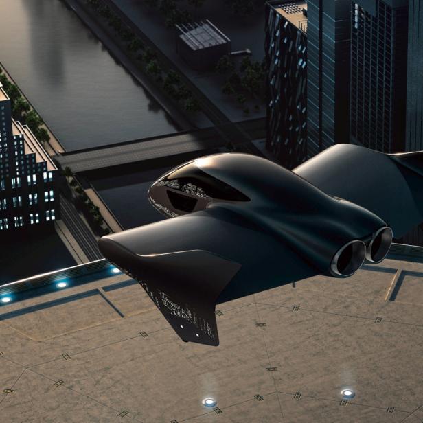 Ein futuristisches Flugauto landet auf einem Dachlandeplatz in einer Stadt.