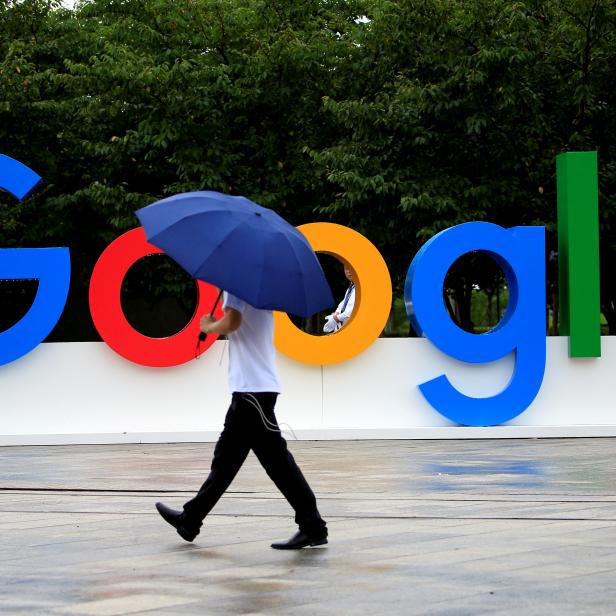 FILE PHOTO: A Google sign is seen during the WAIC (World Artificial Intelligence Conference) in Shanghai