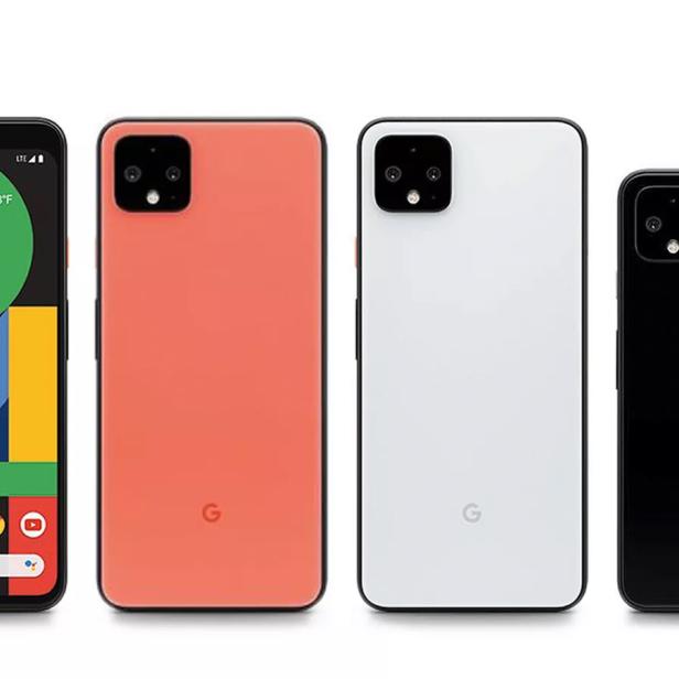 Vier Google Pixel 4 Smartphones in verschiedenen Farben stehen nebeneinander.