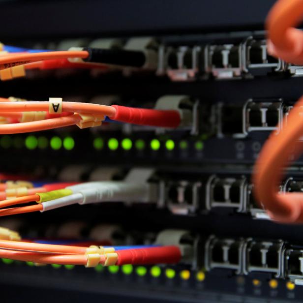 Computer network equipment is seen in a server room in Vienna