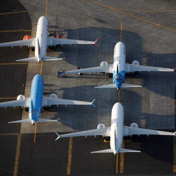 FILE PHOTO: An aerial photo shows Boeing 737 MAX aircraft at Boeing facilities at the Grant County International Airport in Moses Lake