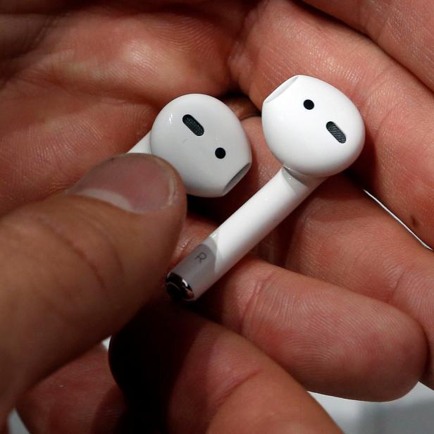 Apple AirPods are displayed during a media event in San Francisco