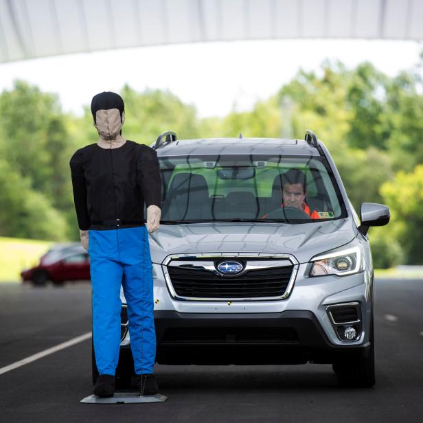 IIHS technician Floyd demonstrates pedestrian crash prevention test on Subaru Forester at IIHS-HLDI Vehicle Research Center in Ruckersville, Virginia