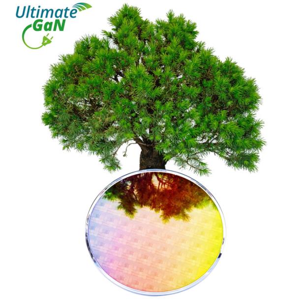 Ein Baum über einem Wafer mit dem Logo „Ultimate GaN“.