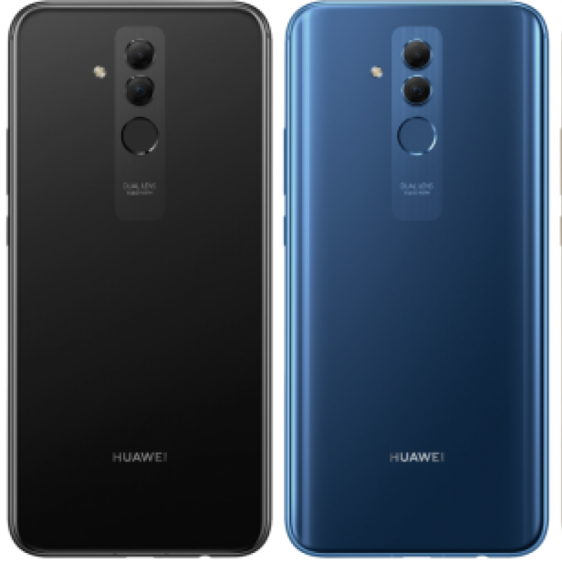 Vier Huawei-Smartphones in verschiedenen Farben: Schwarz, Blau und Gold.