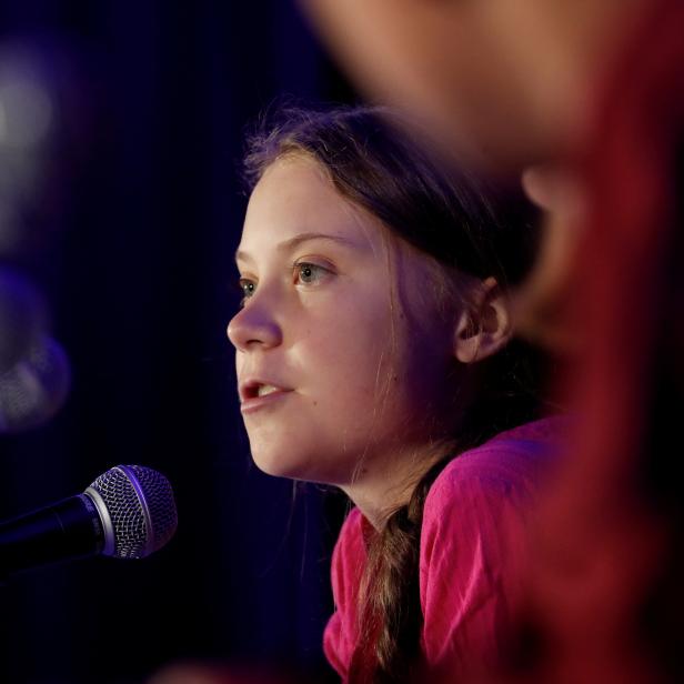 Swedish climate activist Greta Thunberg speaks during a news conference in New York