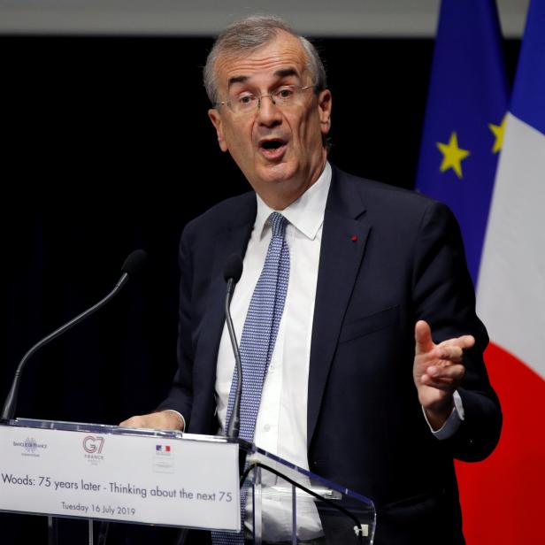 FILE PHOTO: Governor of the Bank of France Francois Villeroy de Galhau delivers a speech to open a conference entitled "Bretton Woods: 75 years later" in Paris