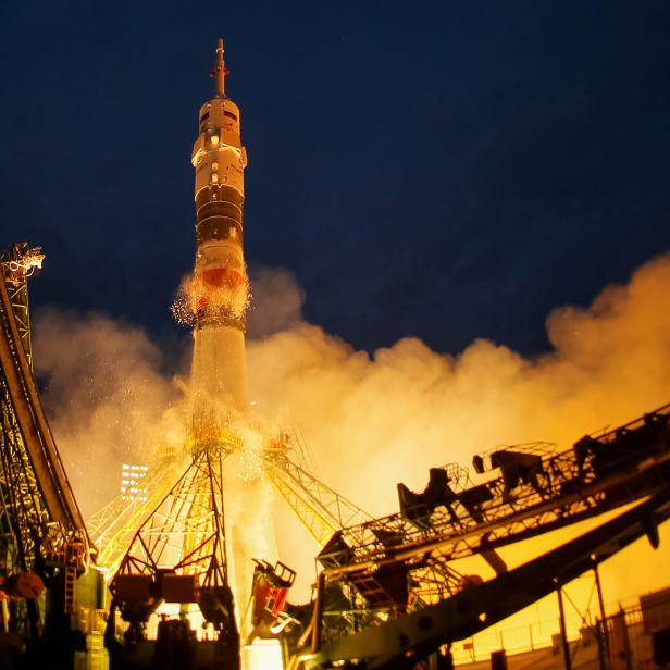 Soyuz MS-15 spacecraft carrying ISS crew blasts off from the launchpad at the Baikonur Cosmodrome