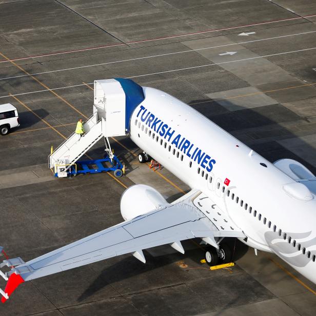 FILE PHOTO: An aerial photo shows a worker climbing up to a Turkish Airlines Boeing 737 MAX airplane grounded at Boeing Field in Seattl