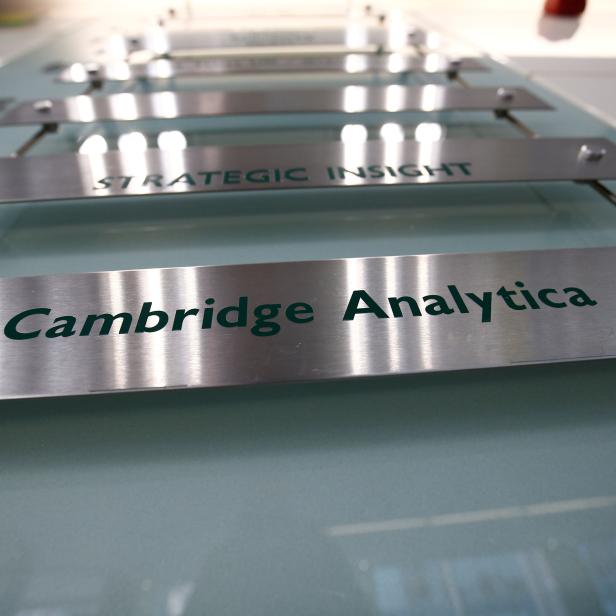 FILE PHOTO: The nameplate of political consultancy, Cambridge Analytica, is seen in central London