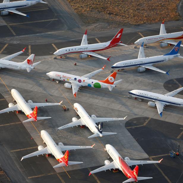 FILE PHOTO: An aerial photo shows Boeing 737 MAX aircraft at Boeing facilities at the Grant County International Airport in Moses Lake