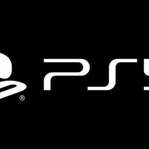 Das weiße Logo der Playstation 5 auf schwarzem Hintergrund.