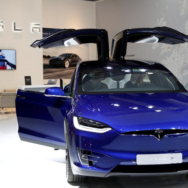 FILE PHOTO: A Tesla Model X electric car is seen at Brussels Motor Show