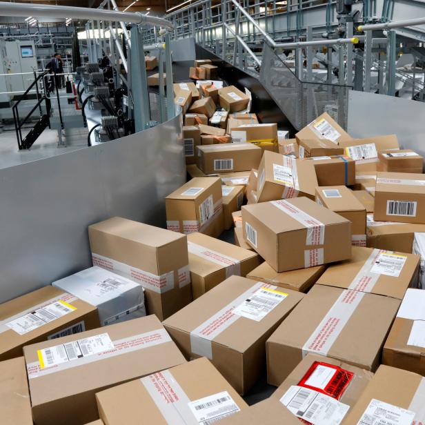 FILE PHOTO: Packages are seen at the new package sorting and delivery UPS (United Parcel Service) hub in Corbeil-Essonnes and Evry