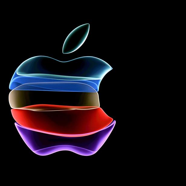 Das Apple-Logo, dargestellt in leuchtenden, transparenten Farbschichten auf schwarzem Hintergrund.