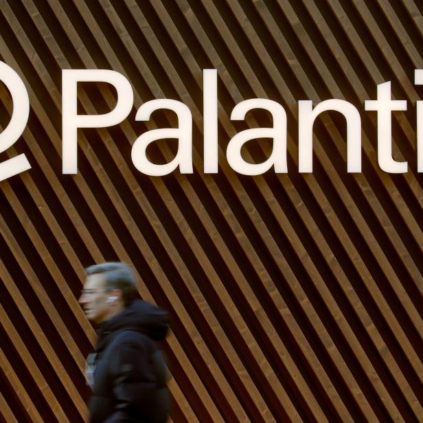 Logo of Palantir Technologies is seen in Davos