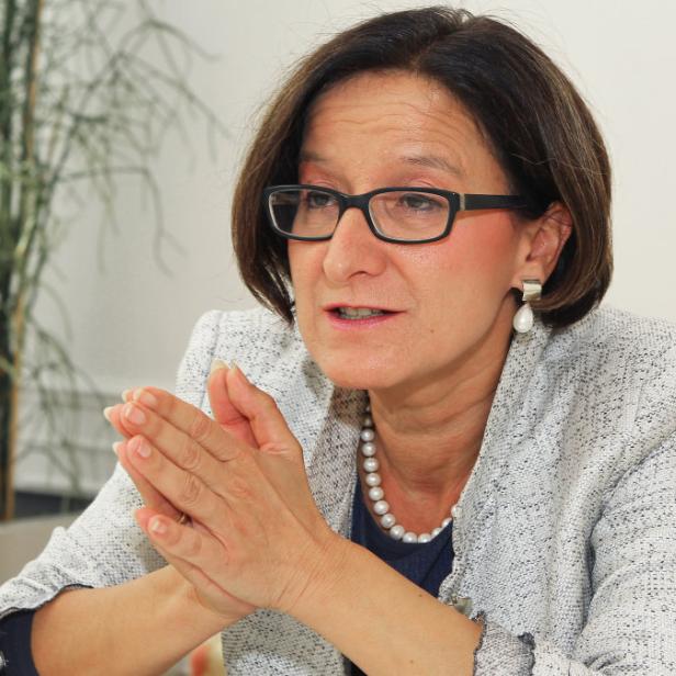 Eine Frau mit Brille und Perlenkette sitzt an einem Tisch mit der Europaflagge im Hintergrund.