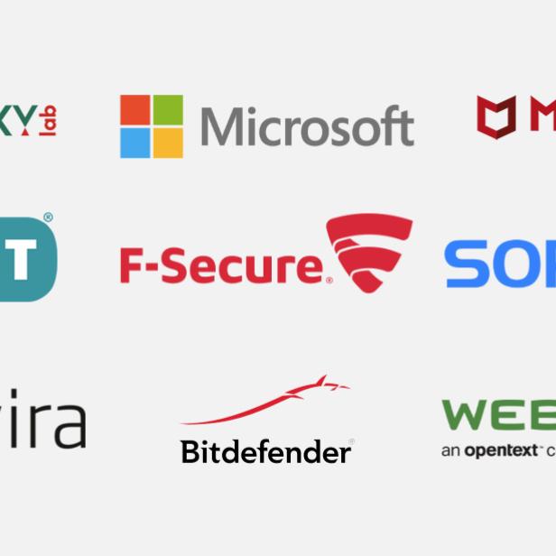 Logos verschiedener Antivirensoftware-Hersteller wie Kaspersky, Microsoft, McAfee, ESET, F-Secure, Sophos, Avira, Bitdefender und Webroot.