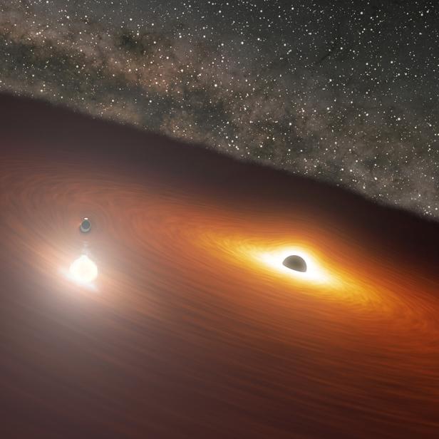 Künstlerische Darstellung eines Schwarzen Lochs mit Akkretionsscheibe vor einem Sternenhintergrund.