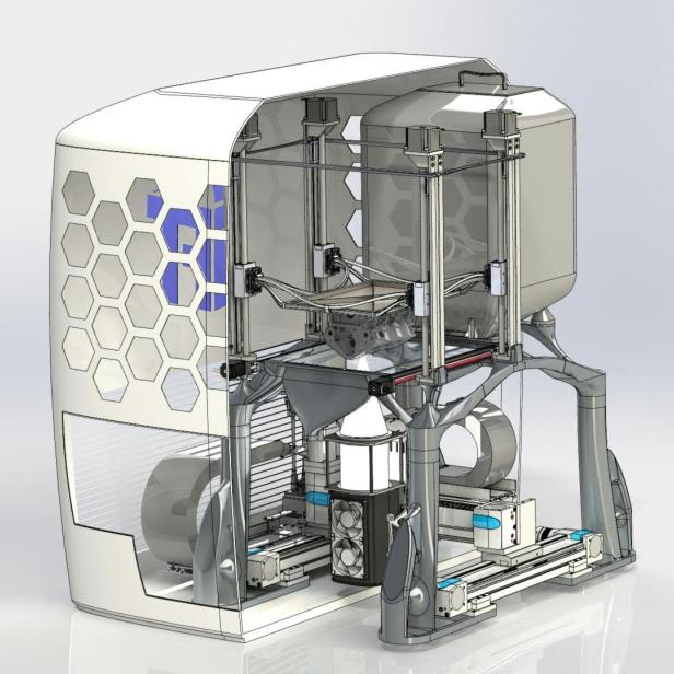 Eine schematische Darstellung eines 3D-Druckers mit transparenten Gehäuseteilen.