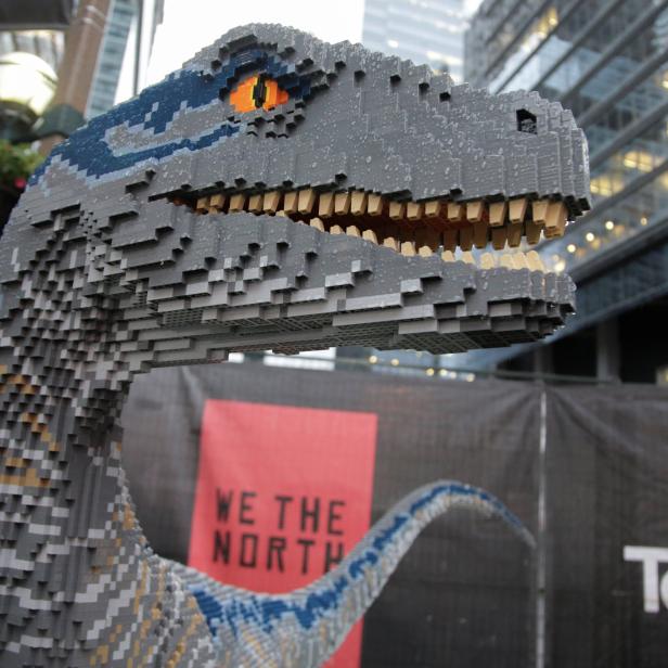 A Raptor dinosaur made of Lego is shown in the Jurassic Park fan zone outside the arena where Game 5 of the NBA Finals between the Toronto Raptors and the Golden State Warriors will be played in Toronto