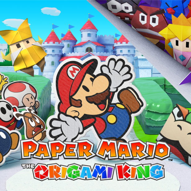 Das Cover von „Paper Mario: The Origami King“ zeigt Mario und andere Charaktere vor einem Schloss.