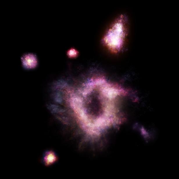 Eine farbenprächtige Galaxie leuchtet vor einem schwarzen Hintergrund.