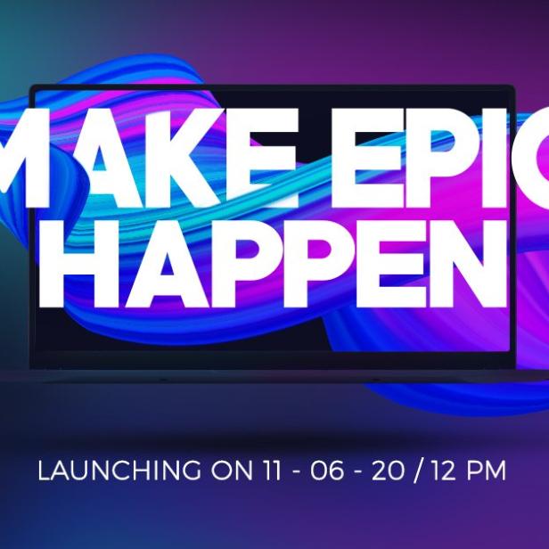 Ein Xiaomi-Laptop vor einem farbenfrohen, abstrakten Hintergrund mit dem Slogan „Make Epic Happen“.