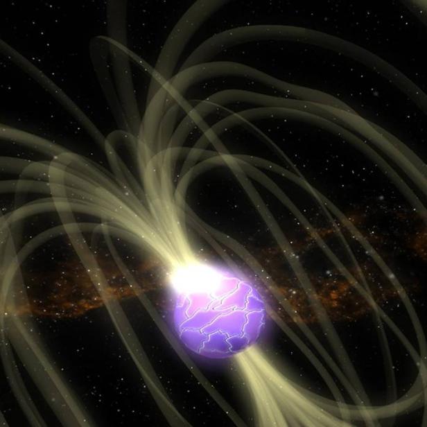 Künstlerische Darstellung eines Magnetars, dessen Oberfläche aufbricht, wodurch ein Fast Radio Burst entstehen könnte