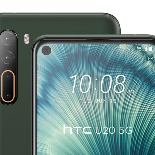 Ein grünes HTC U20 5G Smartphone mit drei Kameras auf der Rückseite.