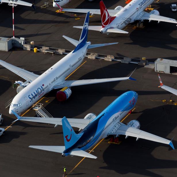 Boeing 737 Max aircraft are parked in a parking lot at Boeing Field in this aerial photo over Seattle