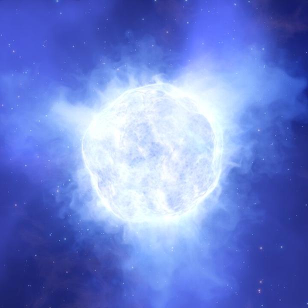 Eine leuchtend blaue Sonne inmitten einer kosmischen Nebelwolke.