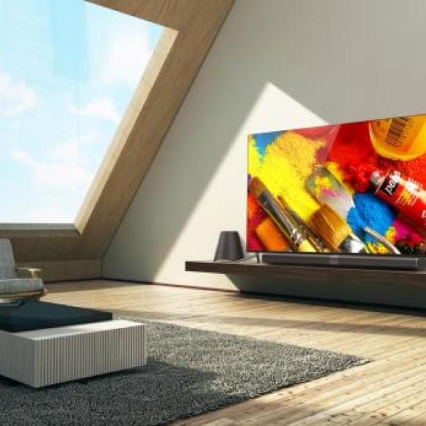 Ein Wohnzimmer mit einem Sofa, einem Couchtisch und einem Fernseher, der ein Gemälde zeigt.