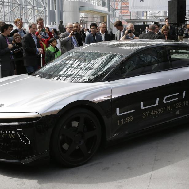 Lucid Air speed test car displayed at the 2017 New York International Auto Show in New York