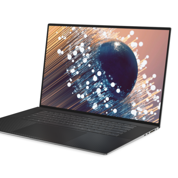 Ein Laptop zeigt ein abstraktes Bild mit einer Kugel und Linien.