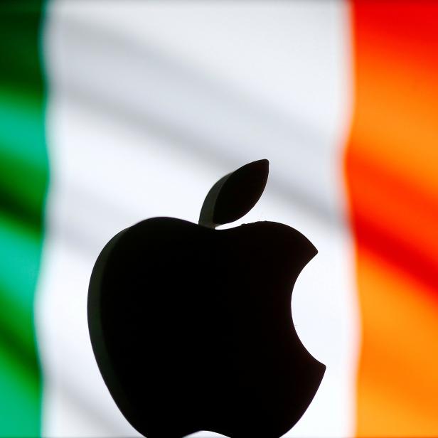 FILE PHOTO: A 3D printed Apple logo is seen in front of a displayed Irish flag in this illustration
