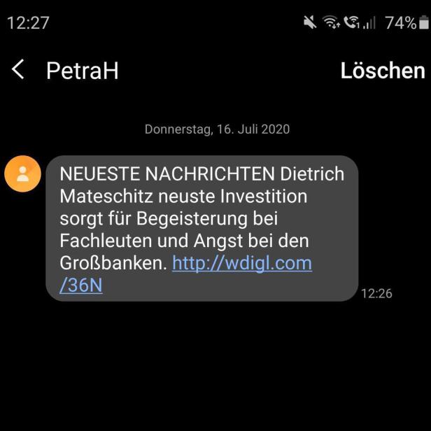 Phishing-SMS mit vermeintlichen Finanztipps von Dietrich Mateschitz sind keine Seltenheit