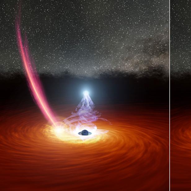 Der Stern (links) wird vom Schwarzen Loch zerrissen. Trümmer haben die Gasscheibe (rechts) rund um das Schwarze Loch weggestoßen