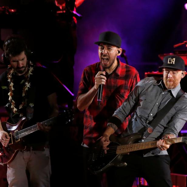 Shinoda, Delson and Farrell of Linkin Park perform during the "Linkin Park & Friends Celebrate Life in Honor of Chester Bennington" concert at Hollywood Bowl in Los Angeles