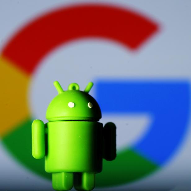 FILE PHOTO: A 3D printed Android mascot Bugdroid is seen in front of a Google logo in this illustration