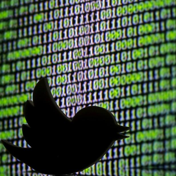 FILE PHOTO: 3D printed Twitter logo is seen in front of a displayed cyber code