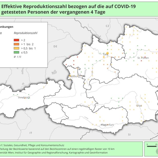 Eine Karte von Österreich, die die effektive Reproduktionszahl von COVID-19 am 5. August 2020 zeigt.