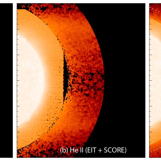 Das linke Bild zeigt den Wasserstoff- und das mittlere den Helium-Gehalt in der Korona